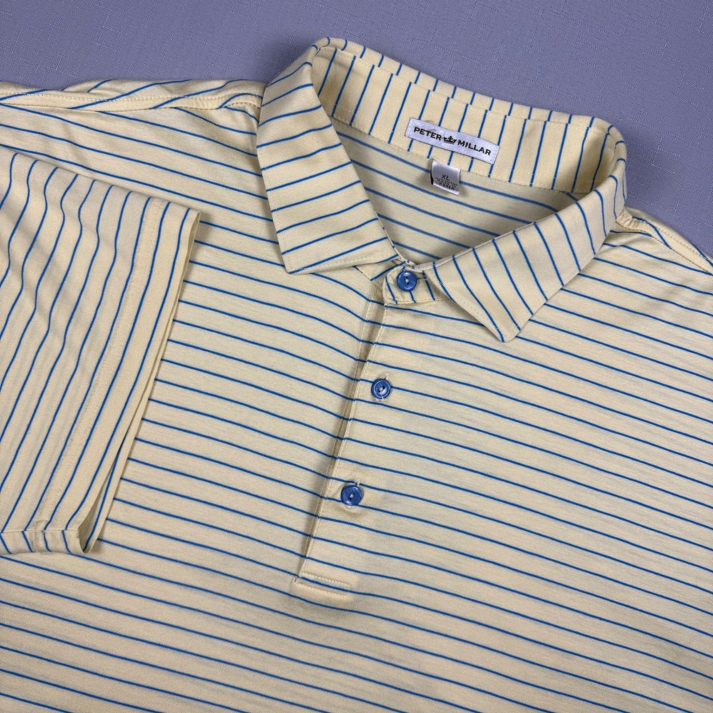 Peter Millar Mens XL Polo Shirt Yellow Blue Striped Short Sleeve Cotton Golf